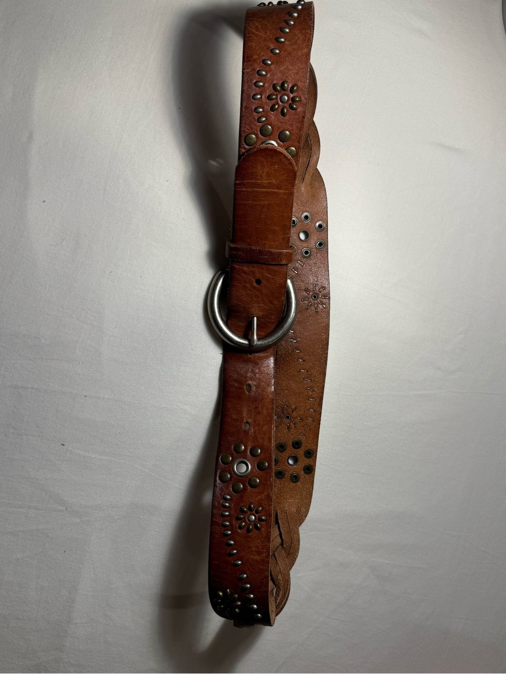 Braided Brown Leather Belt with Stud Accents